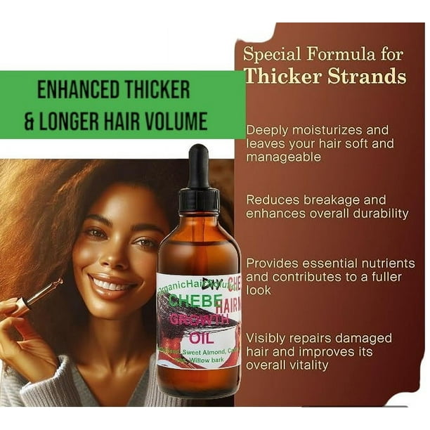 Africano Chebe Oil -Hair Growth Suero - para más fuerte, más grueso y largo, para el cuero cabelludo y el cabello seco con aceite de ricino - argán, romero (4 oz)