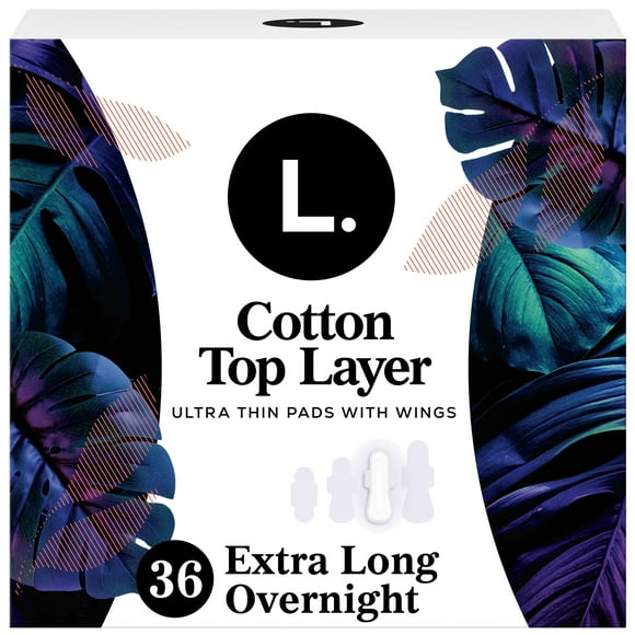 L. Ultra Thin Pads for Women, Overnight Absorbency, Breathable Cotton Top Layer, Unscented Pads with Wings, 36CT