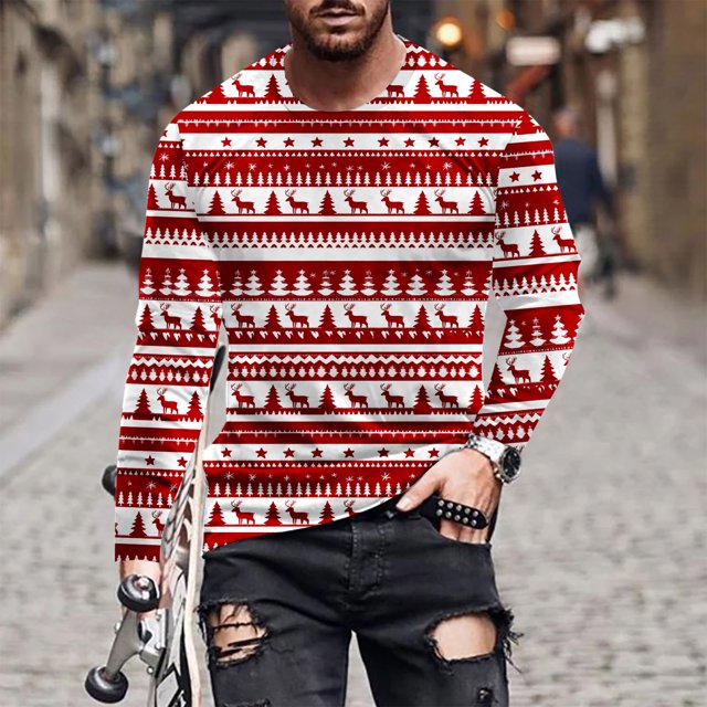 Blusas y camisas de manga larga con cuello redondo para hombre, blusa de poliéster con estampado navideño de otoño y manga larga para hombre.