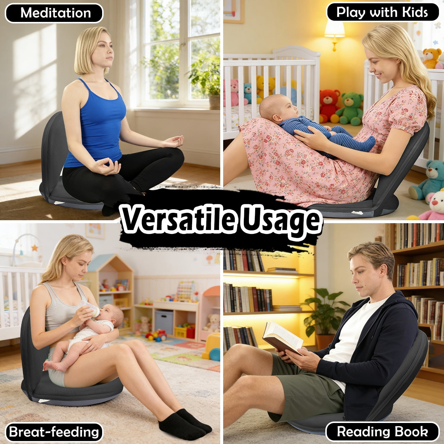 Floor Chair with Back Support, Foldable Adjustable Floor Seat, 5-Position Padded Recliner Floor Chair for Gaming, Reading and Meditation (Black)