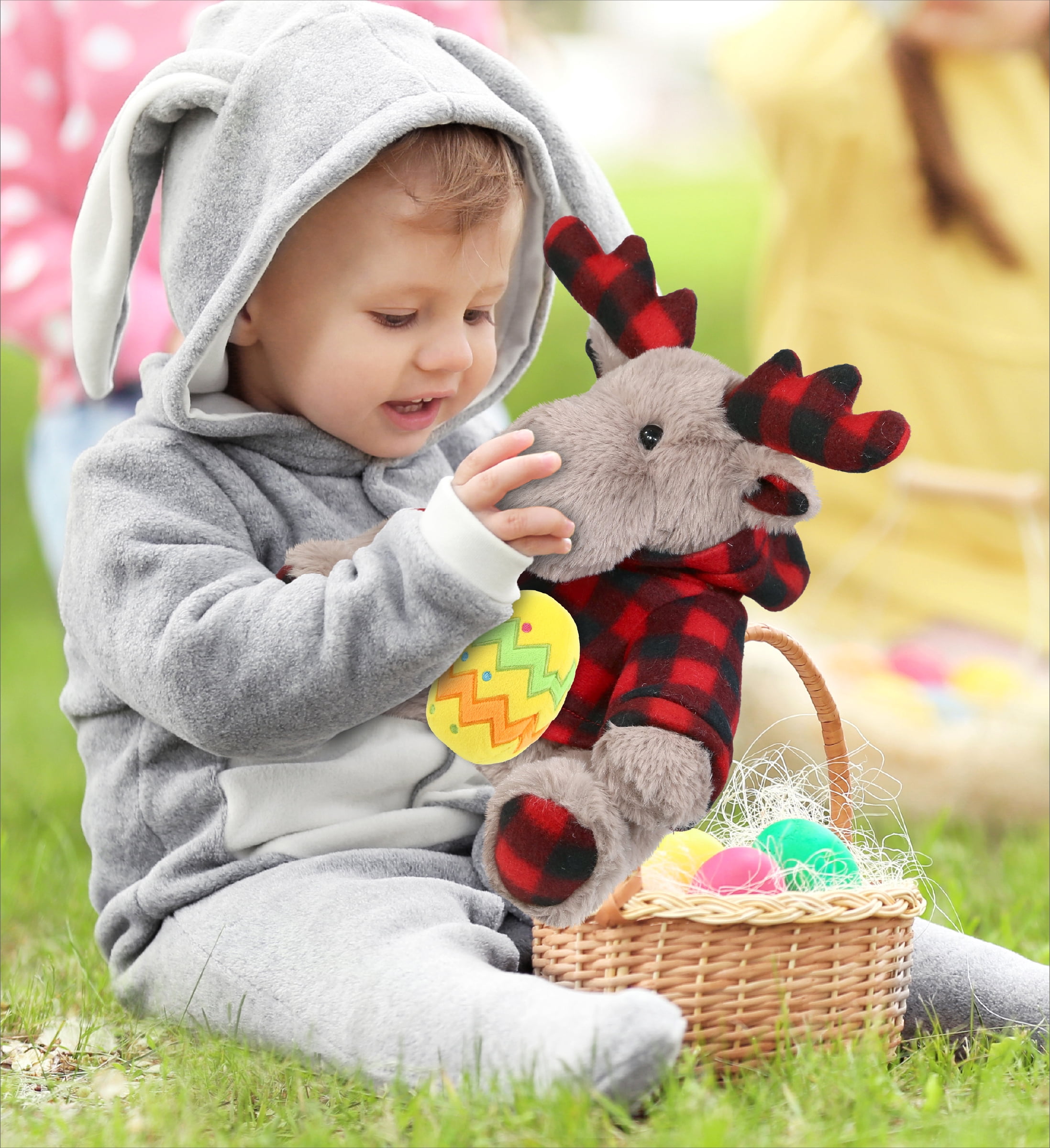DolliBu Plaid Beige Moose with Hoodie with Yellow Easter Egg Plush - Perfect Moose Stuffed Animals for Easter Basket, Cute Easter Egg Stuffed Animal Spring Toys for Girls, Boys, and Babies - 10 Inches