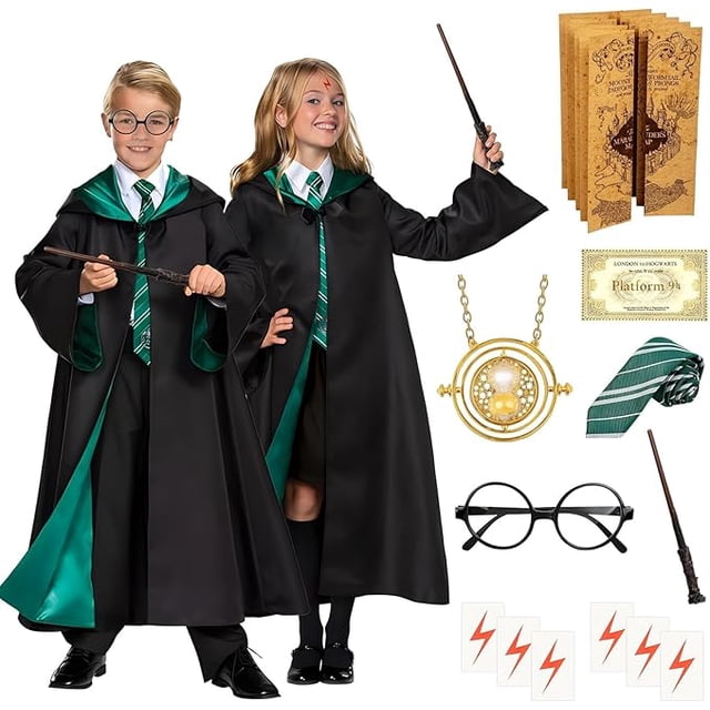 YANSION 7 Pcs Disfraz de Mago Niños, Halloween Disfraz de Mago Cosplay, con Capa Túnica Sombrero Corbata Bufanda Varita de Mago para Fiesta de Cumpleaños, Navidad, Cosplay de Carnaval