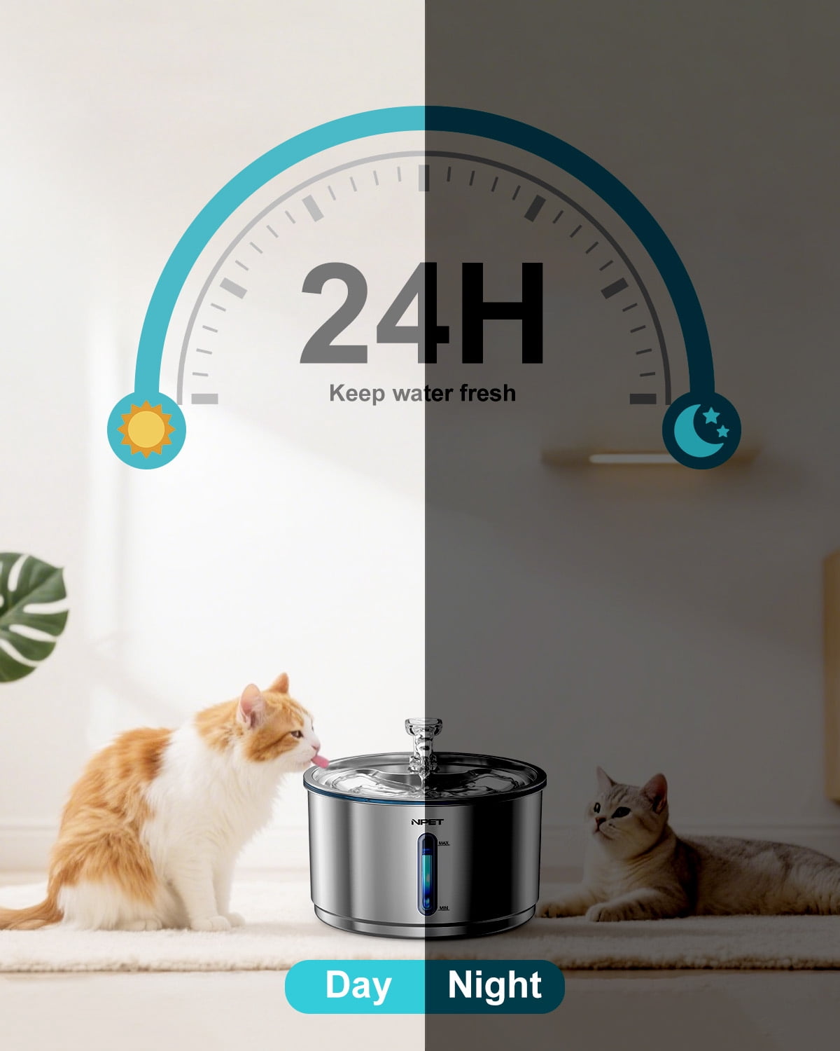 NPET 1 Gallon Stainless Steel Pet Water Fountain Quiet Filtered Cat Drinking Water Dispenser For Cats, Dogs