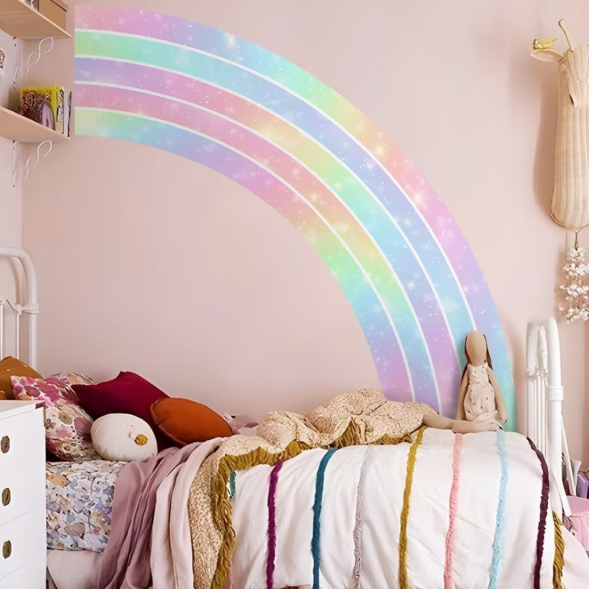Large Rainbow Wall Decals Peel and Stick Holographic Half Rainbow Wall Stickers, DIY Removable Pink Rainbow Wall Art Murals for Girls Room, Toddler Room, Bedroom, Classroom, Nursery Decor