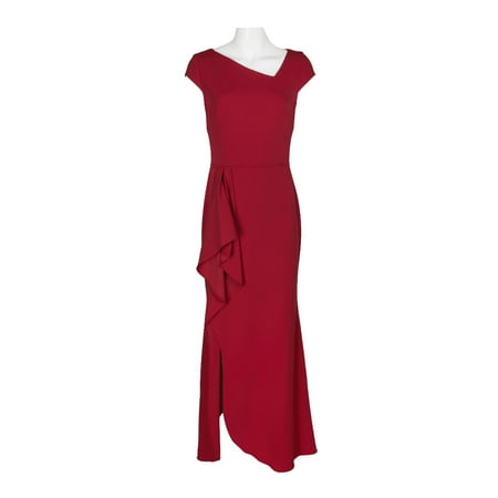 Betsey and Adam Asymmetrical Neck Cap Sleeve Flutter Side Slit Side Zipper Back Solid Scuba Dress-RED / 6
