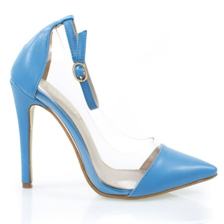 See Through Straps (#&Olga1E by Liliana, Baby Blue Women Clear Lucite Dress Pump, Pointed Toe Ankle Strap, See Through)