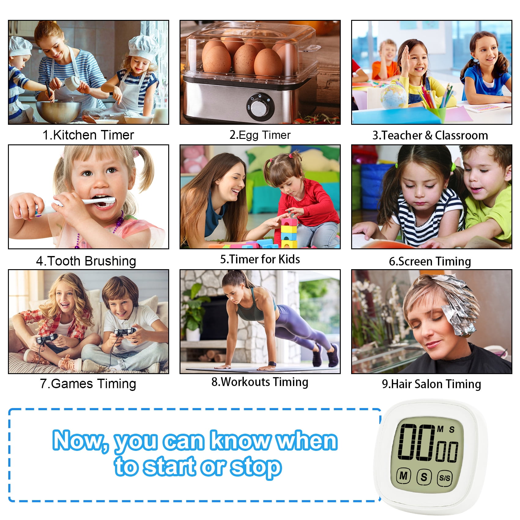 Huryfox Timer, Kitchen Timer, Timer for Kids, Digital Timer for Cooking, Egg Timer, Magnetic Desk Timers for Teacher, White