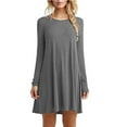 thumbnail image 2 of Womens Fashion Babydoll Dress Long Sleeve Solid Round Neck Ladies Loose Mini Dress Dark Gray,M, 2 of 5