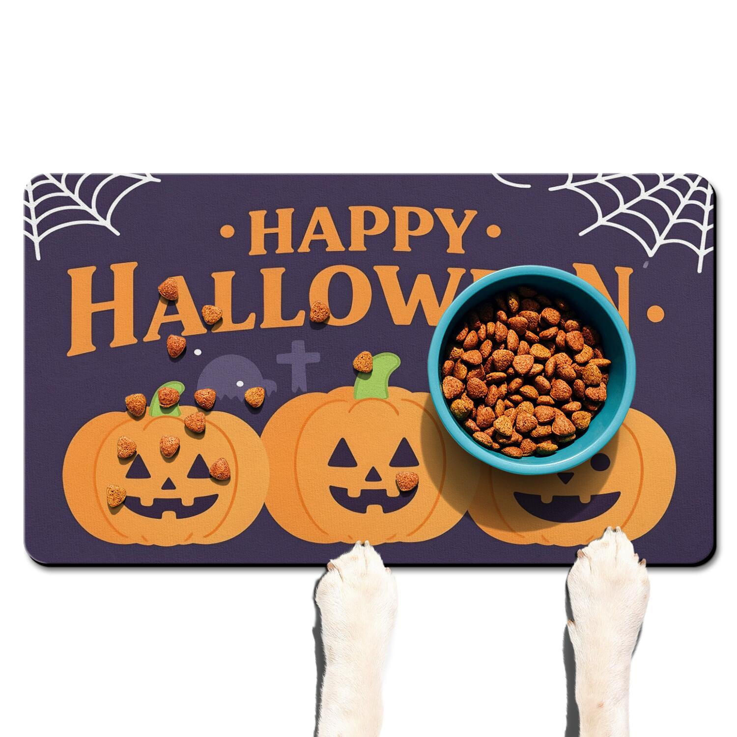 Pumpkin Skull Bat Spider Dog Mat for Food and Water Happy Halloween Absobing Durable 17x30 Inch Cat Food Mat Dog Feeding Mat Dog Water Bowl Mat for Messy Drinker