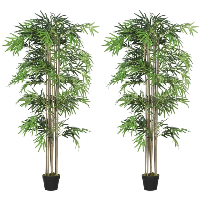 Outsunny 6FT Artificial Bamboo Tree Set of 2 in Pot with 1530 Leaves, Green