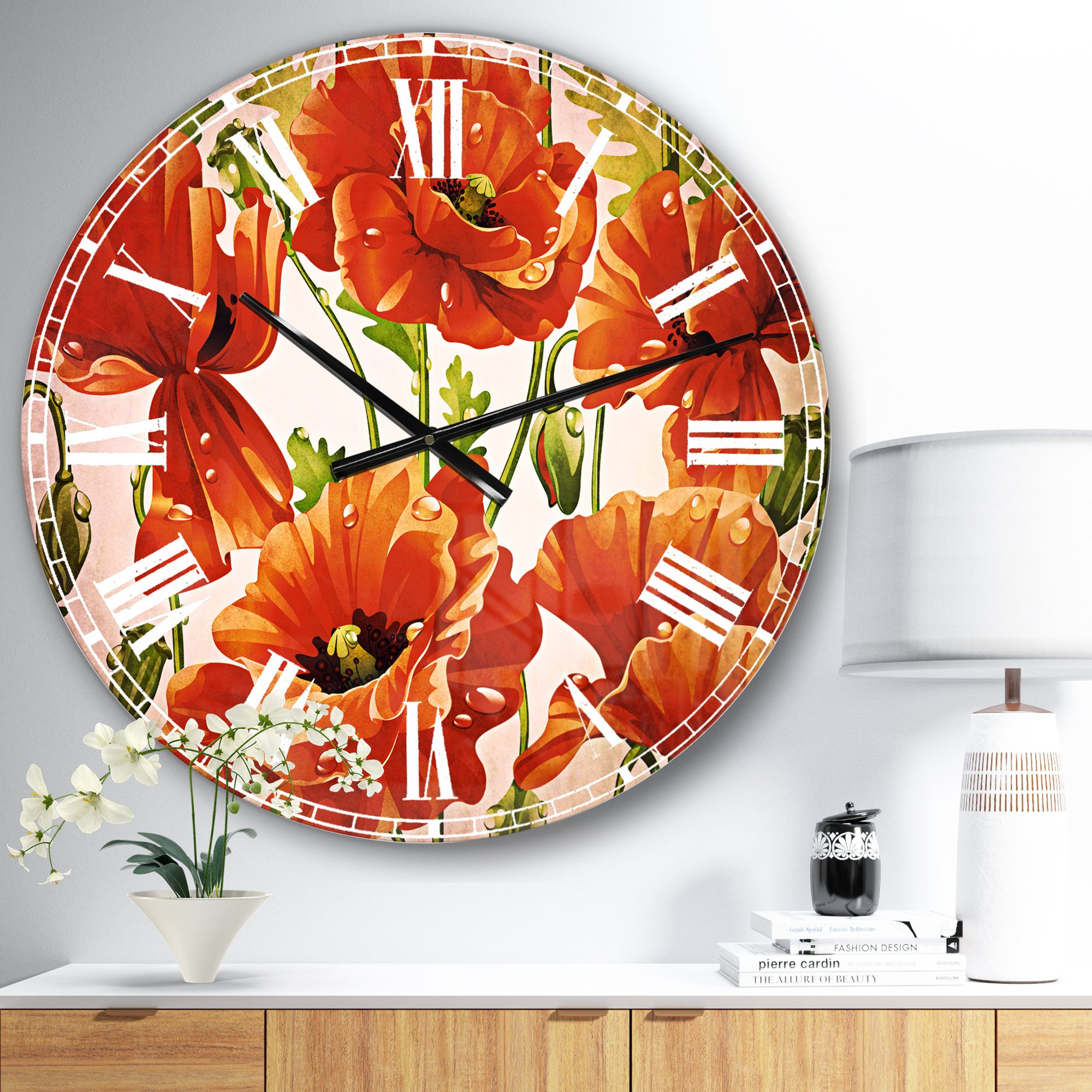 Designart 'Seamless Pattern of Red Poppies' Traditional wall clock