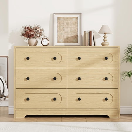 Mid-Century Modern 6-Drawer Dresser – Wooden Chest with Deep Drawers and Metal Knobs, Ideal for Bedroom, Living Room, or Hallway, Wood
