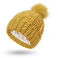 thumbnail image 1 of Gorro de punto para mujer con forro de satén y pompón, cálido, de invierno, con pompón, protector para el cabello, tejido elástico y sedoso, color amarillo, 1 of 3