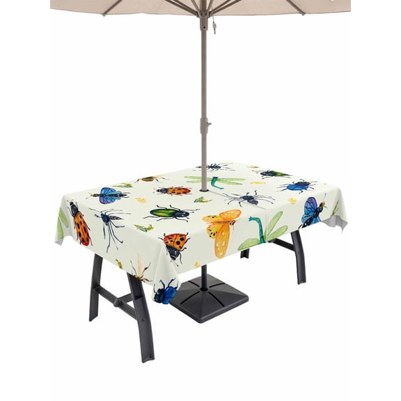 Outdoor Tablecloth with Umbrella Hole and Zipper, Spring Butterfly Dragonfly Rectangle Table Cloth 60x84 Inch Waterproof Tablecloth, Beige Botanical Floral Rustic Picnic Table Cover for Patio Camping