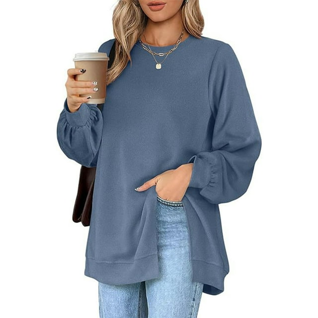 Fashnice Hauts pour Femmes Chandail en Molleton Col Rond Manches Longues Chandail Doux Automne Chandails en Molleton Bleu Paon L