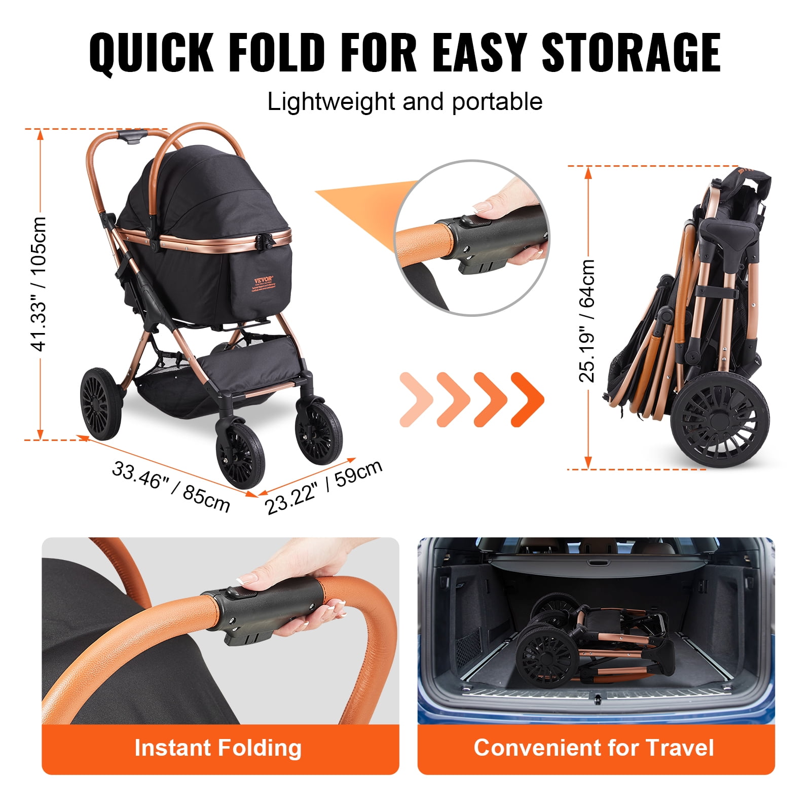 KFFKFF 3-in-1 Pet Stroller, 4 Wheels Foldable Premium Multifunction Dog Stroller with Storage Basket, 66 lbs Weight Capacity, Black