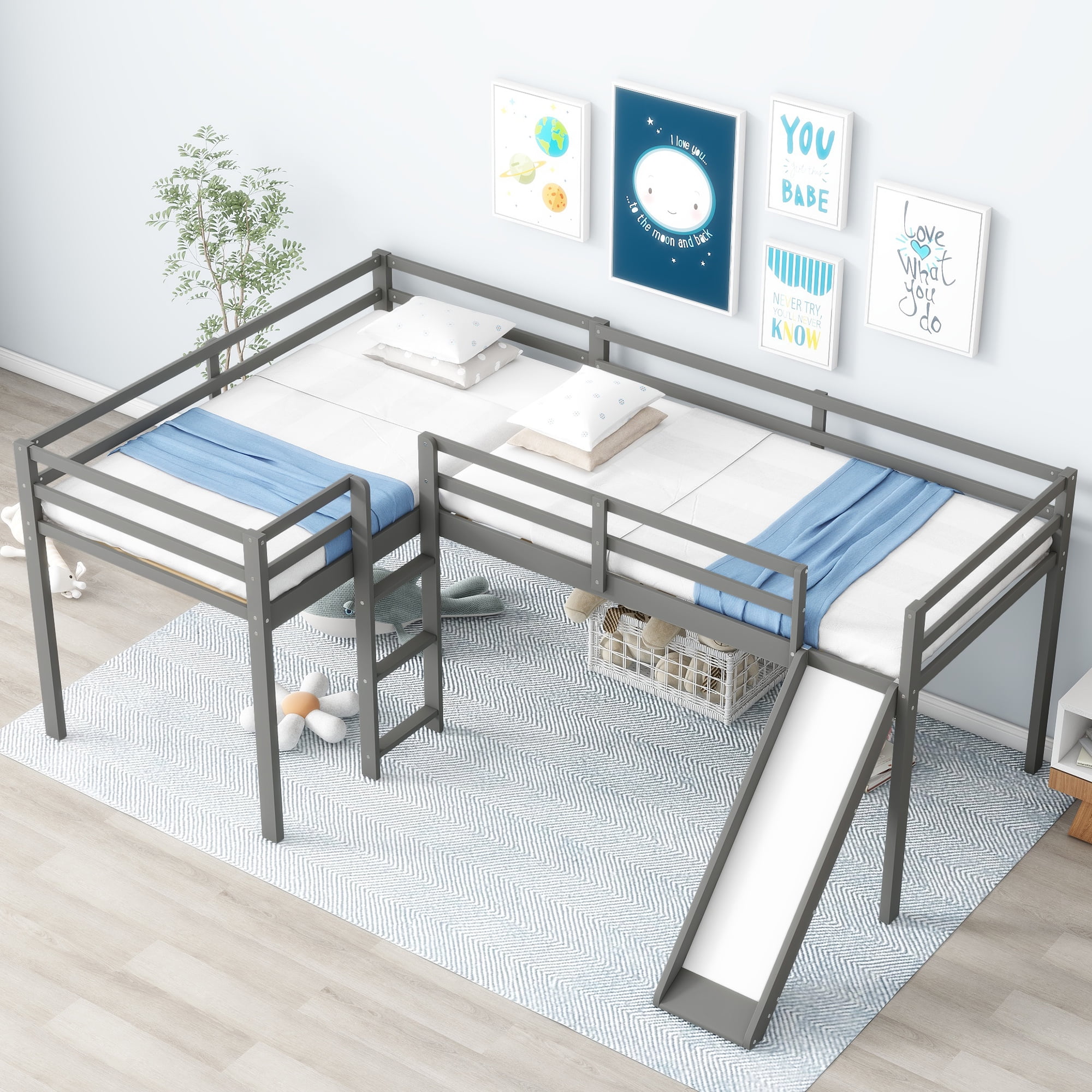 Euroco Twin L-Shaped Low Loft Bed with Movable Two-Tier Shelves for Kids Teens, Gray