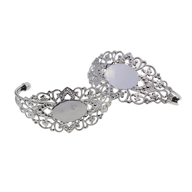 Pulseras de filigrana de flores DIY de 2 piezas con base ovalada en blanco Plata