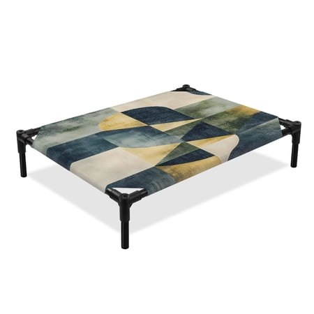 Modernism Elevated Dog Bed Blue Yellow Angular Abstract Pattern Cooling Breathable Outdoor Raised Dog Cot Bed with Metal Frame Non-Slip Feet for Medium Dog 24x20in