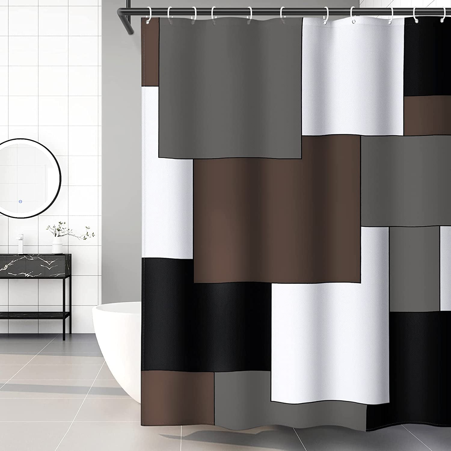 Brown Shower Curtain Modern Bathroom Accessories Decor Black Gray White Shower Curtain Set with 12 Hooks 72x72 Inches