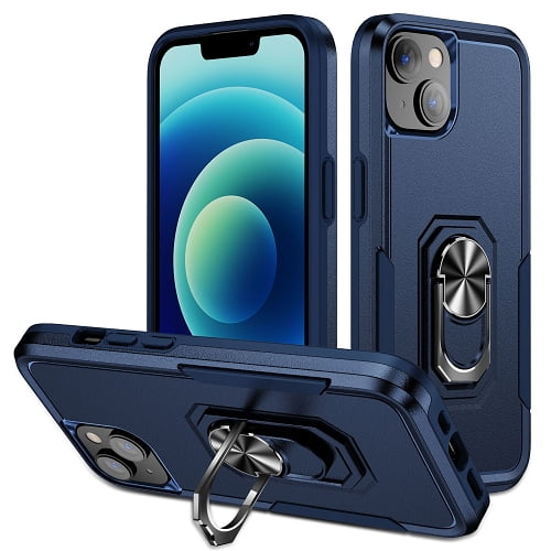 TopSave Dual Layer Shockproof Magnetic Kickstand Cell Phone Cover Protective with Rugged Ring Holder Heavy Duty Case For iPhone 15 (6.1"), Navy Blue