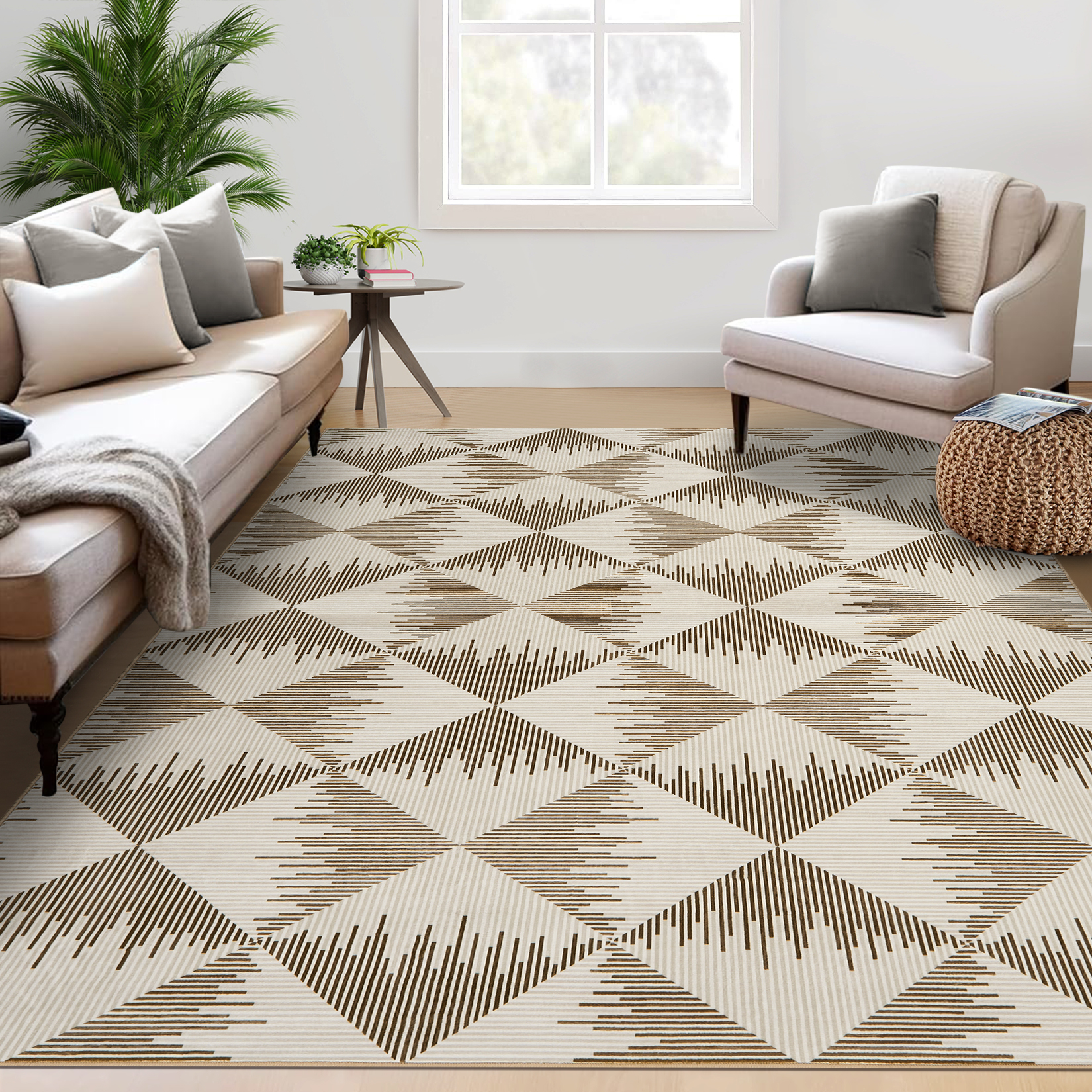 5x7 Washable Area Rugs for Living Room Non Slip Low Pile Modern Geometric Farmhouse Dining Room Carpets for Bedroom Dorm Beige