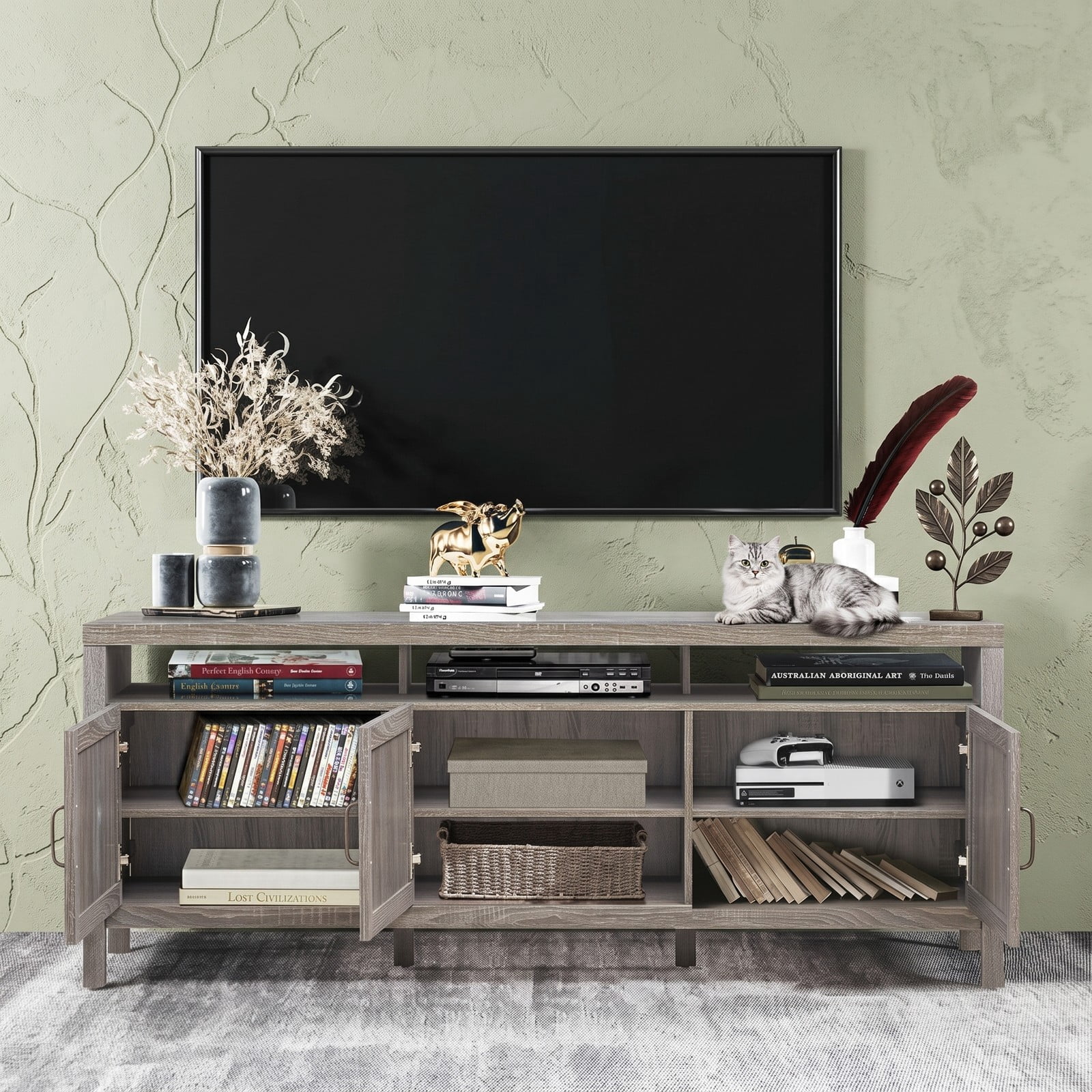 Furnibear Universal TV Stand Entertainment Media Center Console with Rattan Cabinets and Open Shelf for TVs up to 65 Inch, Living Room Bedroom Storage Furniture, Gray