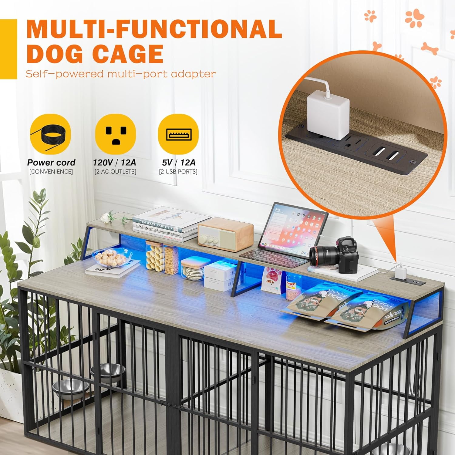 Haverchair 72" Double Dog Crate Furniture with LED Light and Power Outlets, Heavy Duty Wooden Dog Crate TV Stand with Storage Rack, Dog Kennel Indoor Furniture with Rotating Bowls for Large Dogs