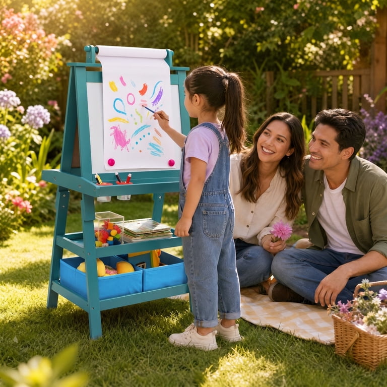 Costway 3-in-1 Double-Sided Wooden Kids Art Easel, Blue photo 4