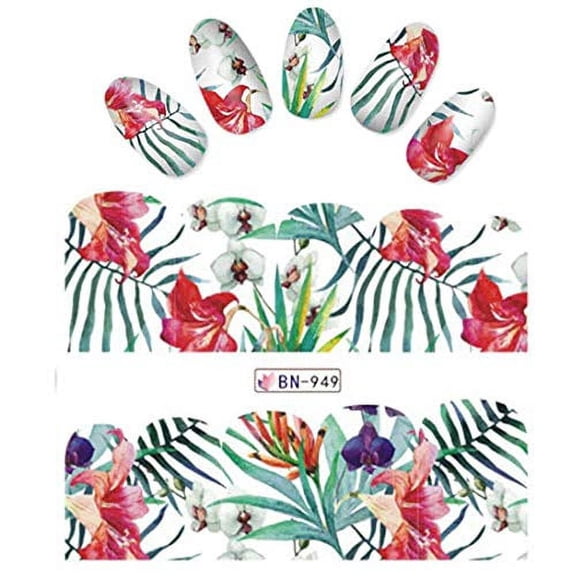 Tropical iNspired Nail Wraps Hibiscus Flowers and Leaves Decals Sticker Salon Quality Nail Art - 1 Sheet