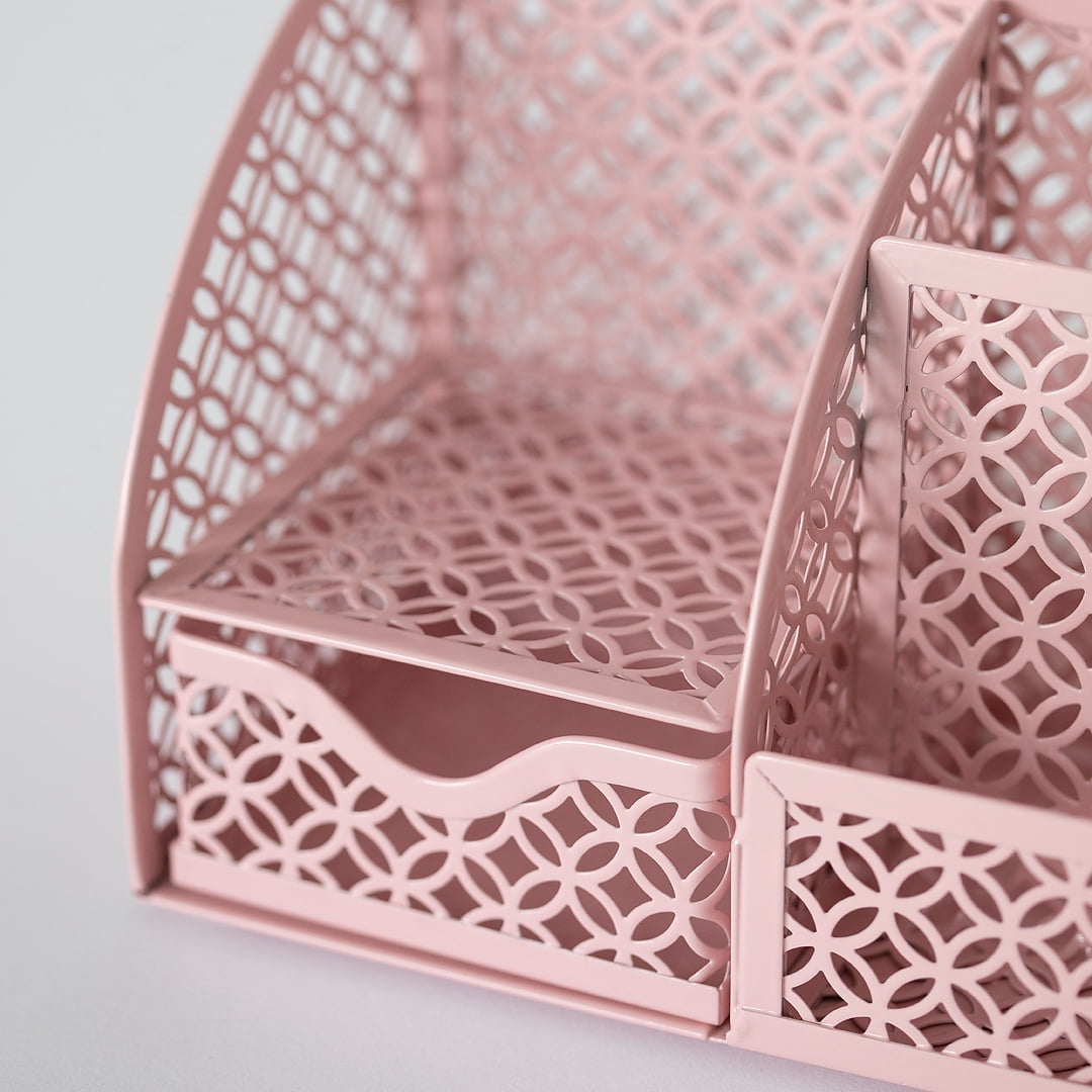 Riviera Designer Metal Desk Organizer with Drawer - Pink