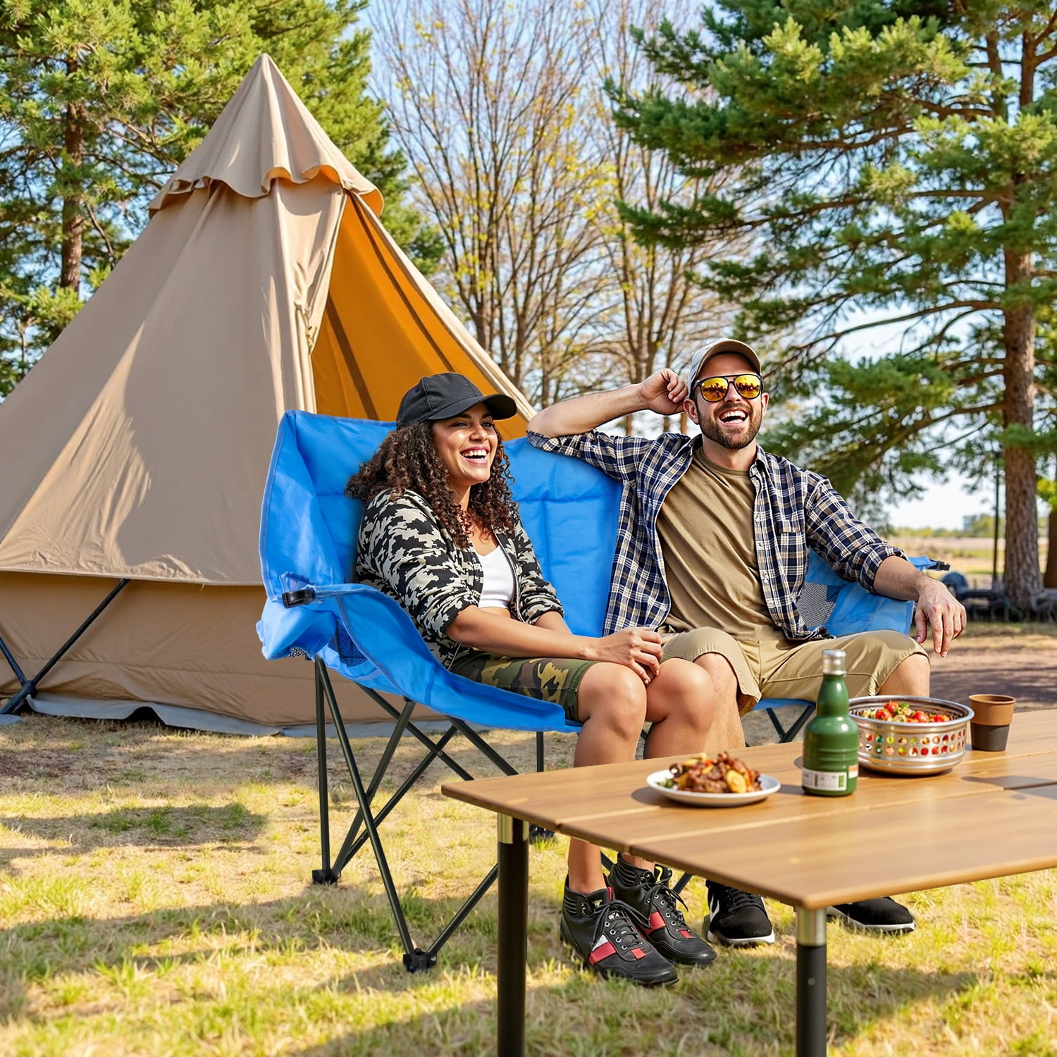 BOSSIN Double Oversized Camping Chairs for Adults,Folding Loveseat Camping Couch Support 440lbs with Back Pocket