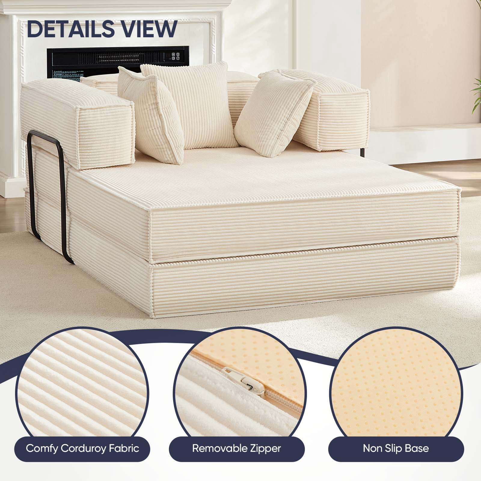 ZAFLY Convertible Sleeper Sofa Bed, Corduroy Boneless Couch with Removable Armrests, Floor Gaming Sofa for Living Room/Small Space, Beige