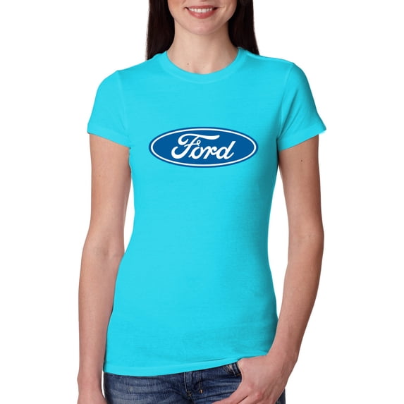 Wild Bobby, Ford Motors Blue Logo, Cars and Trucks, Women Slim Fit Junior Tee, Tahiti Blue, Large