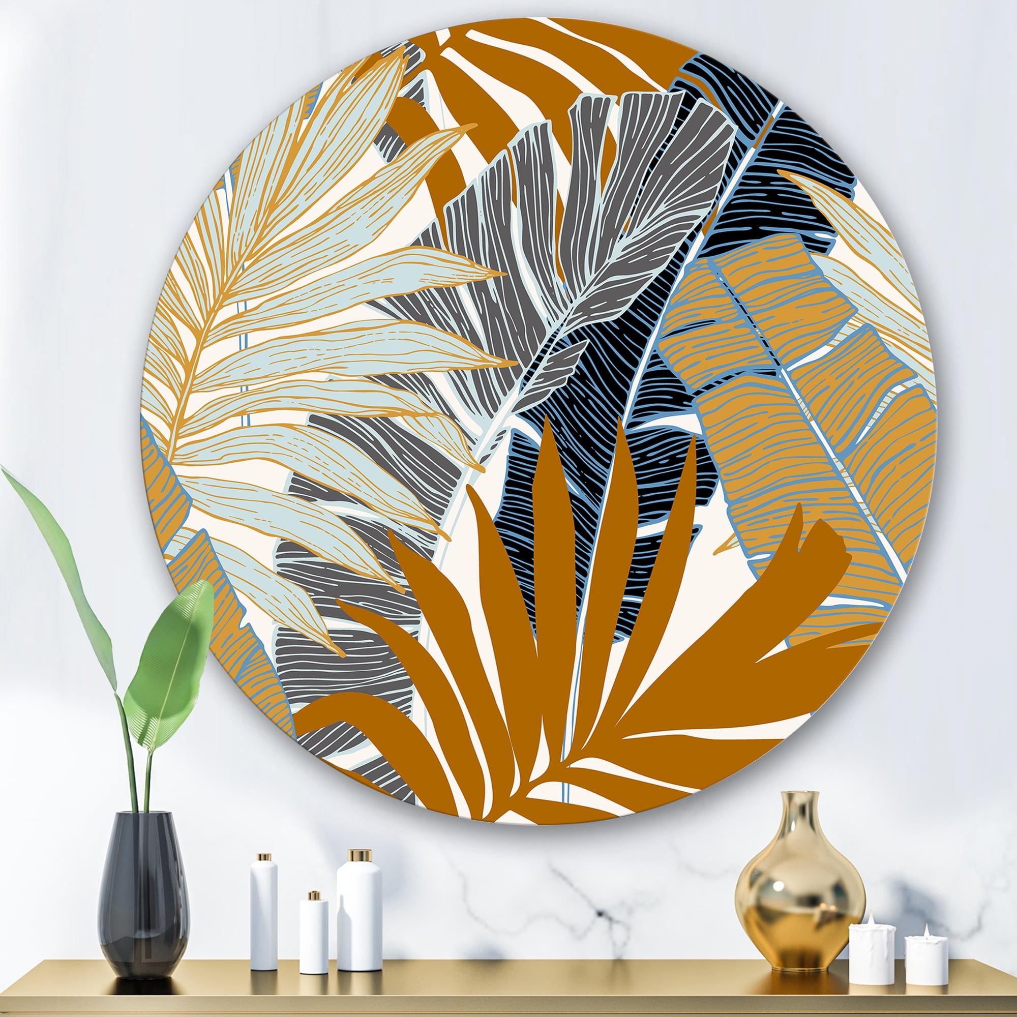 Designart 'Abstract Tropical Summer Banana Leaves and Palm Tree' Modern Circle Metal Wall Art 29x29 - Disc of 29