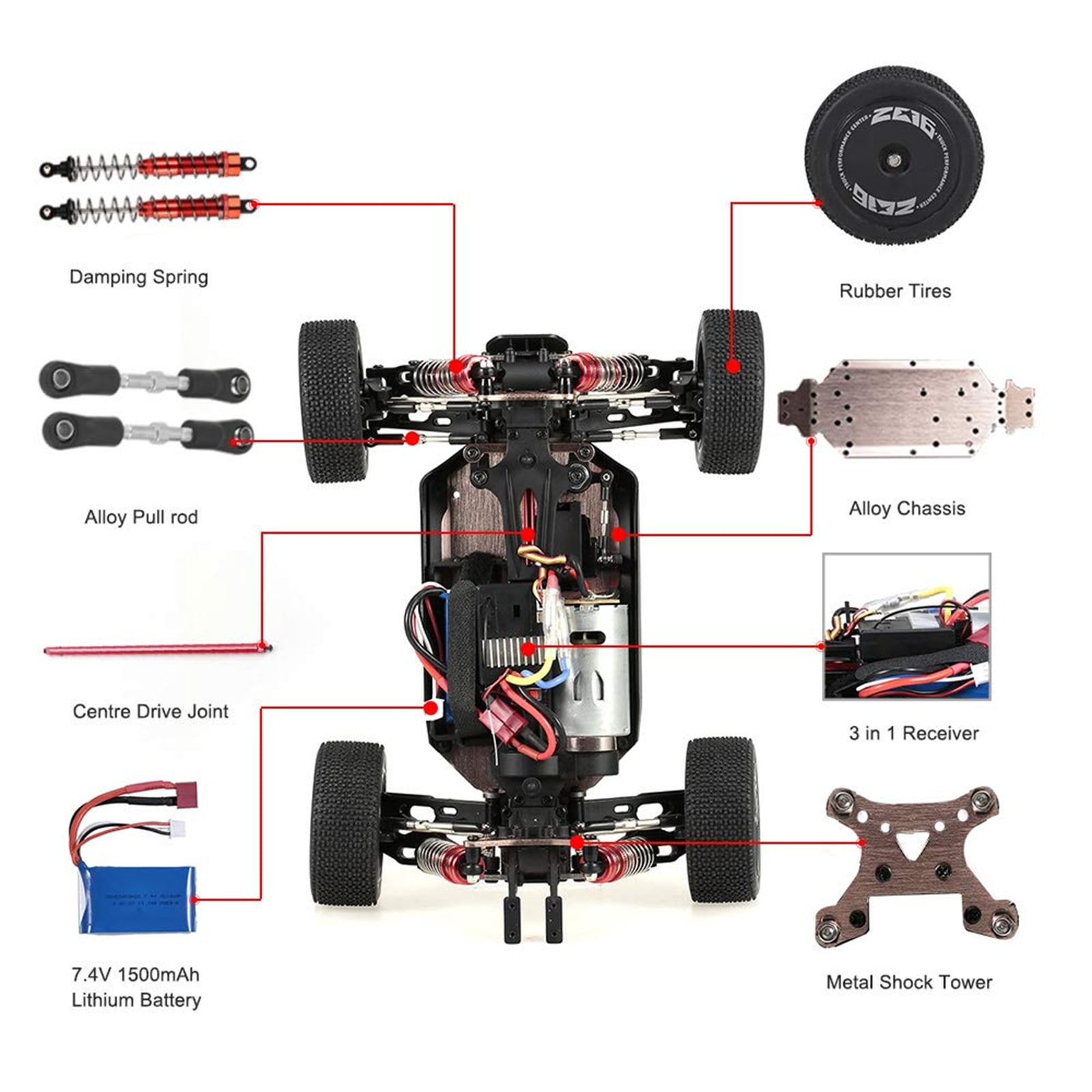 WLtoys 144001 RC Car, 4WD 2.4GHz 60km/h High Speed Remote Control Car Off-Road RC Trucks, 1:14 Scale RC Buggy with RTR Aluminum Alloy Chassis 550 Motor