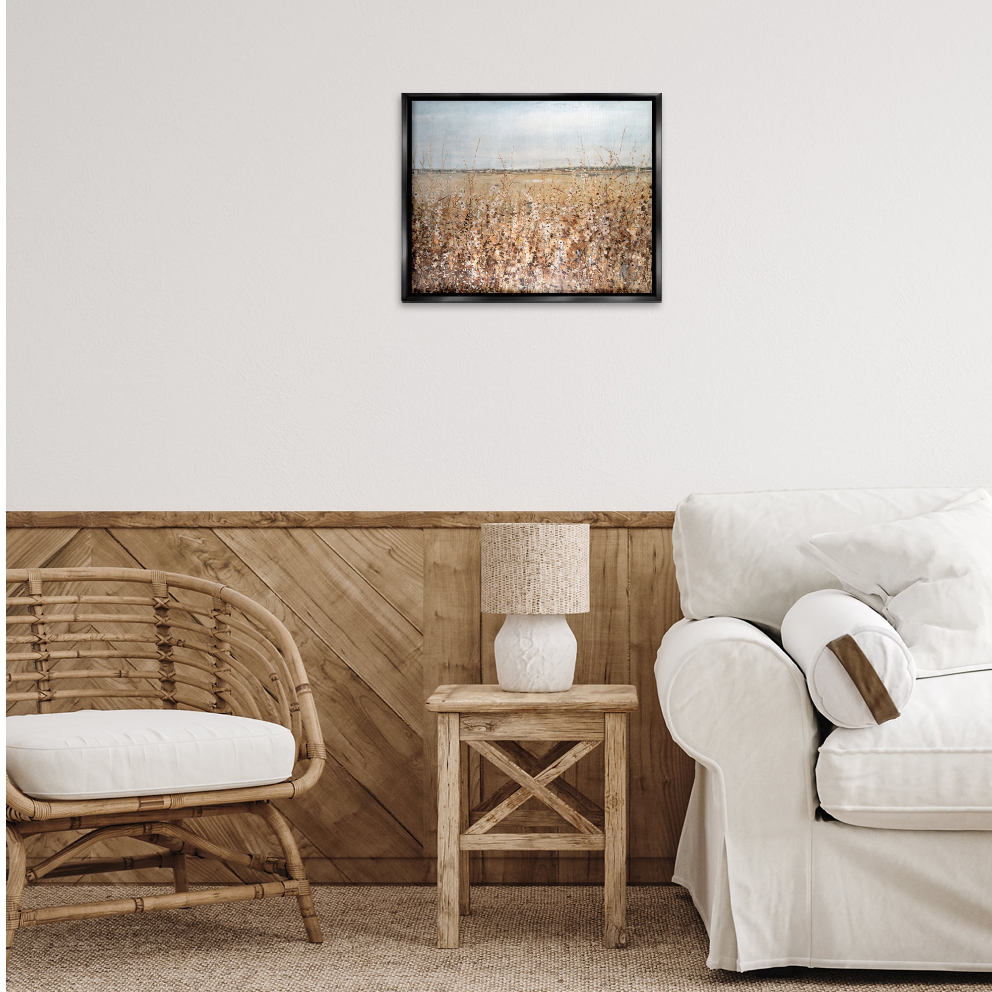 Stupell Industries Solemn Neutral Meadow Landscape & Nature Painting Black Floater Framed Canvas Art Print Wall Art, 21 x 17