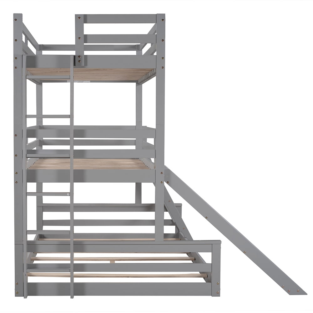 Kadyn Twin over Twin over Full Triple Bunk Bed with Convertible Ladder and Slide,Gray