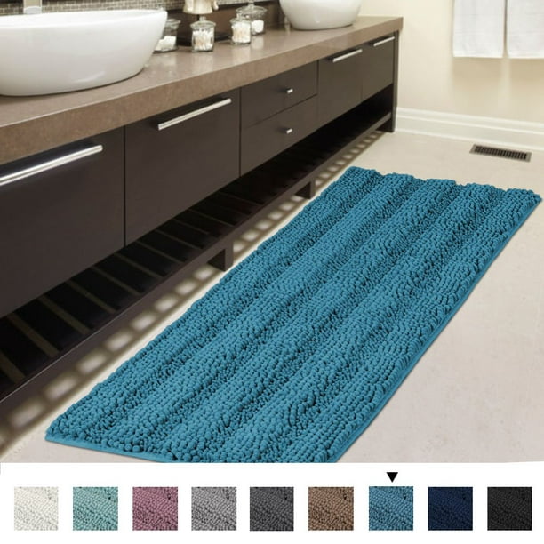 Luxury Chenille Bathroom Rug Mat, Blue Striped Bathroom Rugs