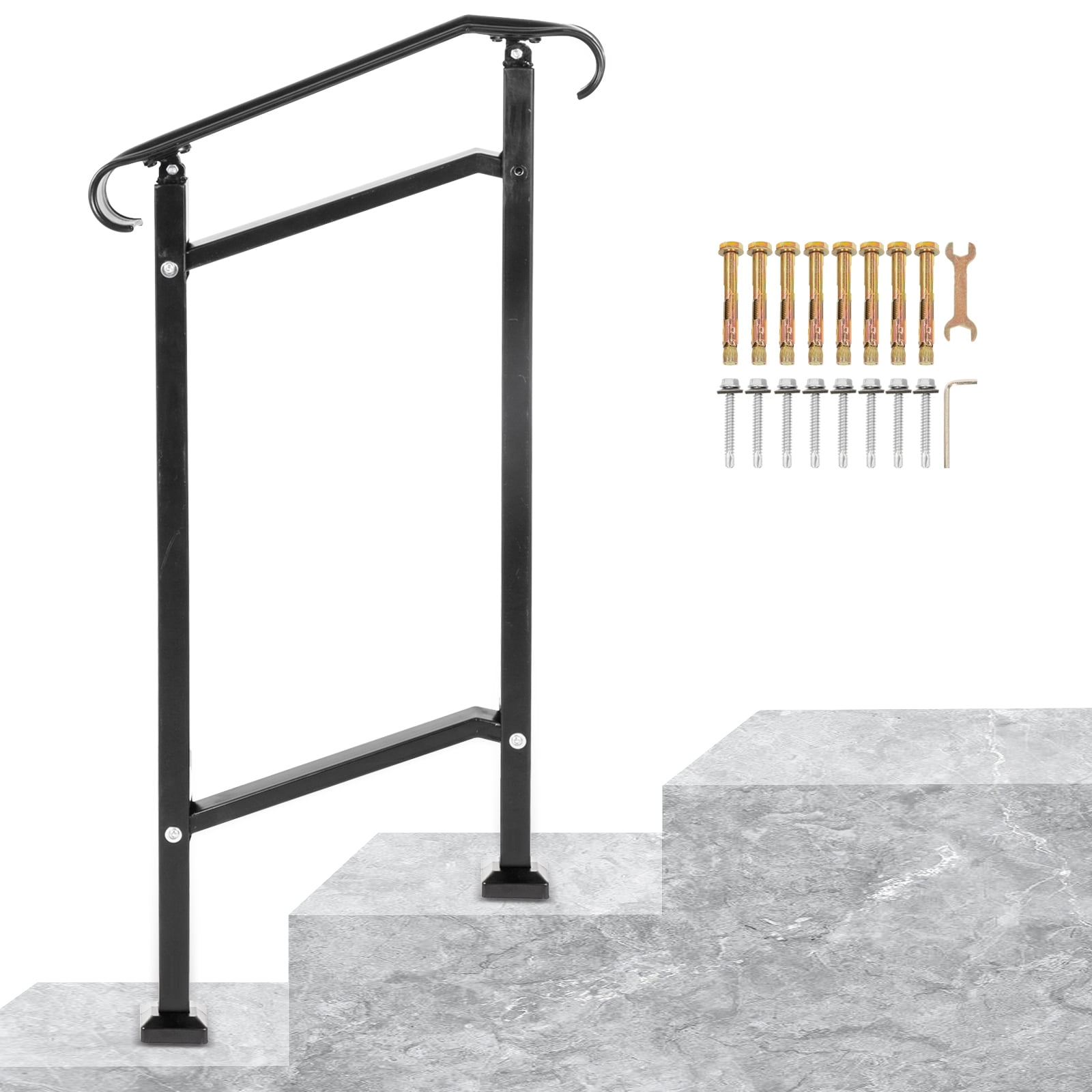 Black Steel Handrail For 2 Or 3 Steps – Outdoor Stair Railing With Installation Kit