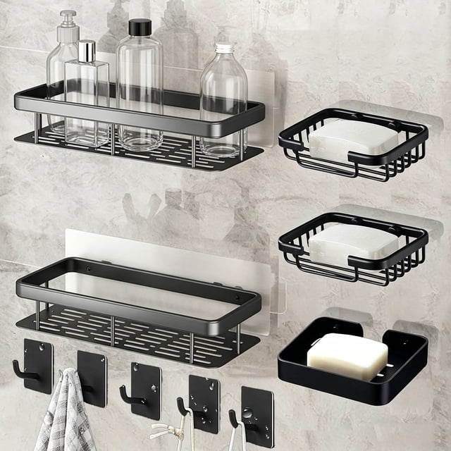 Organizador De Baño, kit de estantes Acero inoxidable, repisas Sin perforación, con estante de almacenamiento, adhesivos, Ganchos y jabonera, para organizacion hogar del baño y cocina