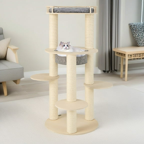 Pefilos 59" Modern Cat Tree Tower for Indoor Cats, 5-level Large Wood Cat Condo with Scratching Post and Removable Pads for Small Large Cats, Beige