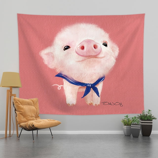 Papel pintado/decoración de pared para dormitorio de estilo nórdico digno de Instagram, con un cerdo rosa, hecho de terciopelo grueso, 150 x 130 cm.