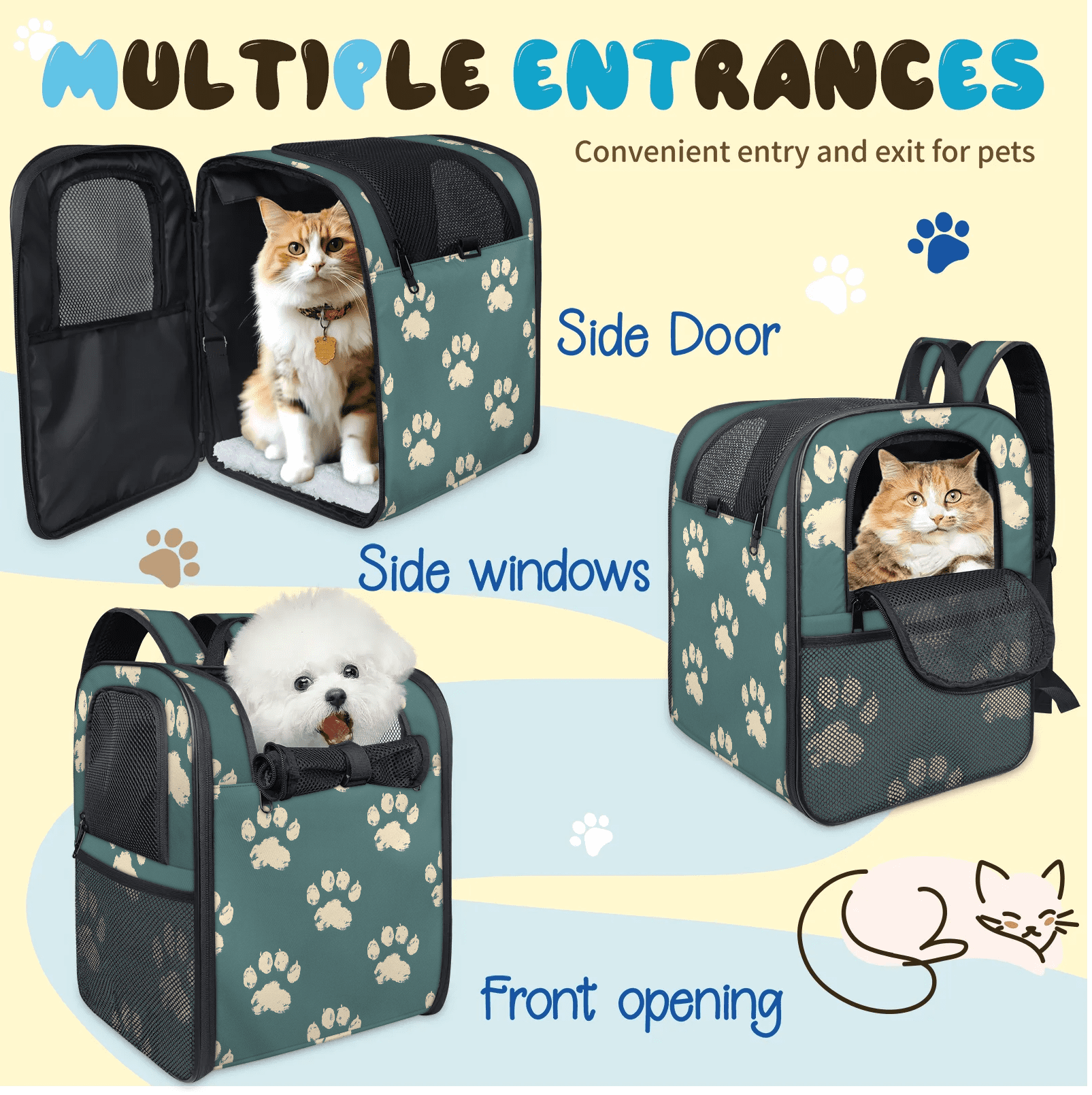 Dog Backpack Carrier, Breathable Pet Carrier for Small Dog & Cat, Lightweight Travel Backpack, Paw Print Pattern