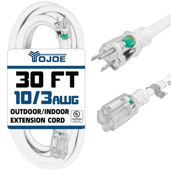 Cable de extensión YOJOE 10/3 SJTW 15A 30 pies para interiores/exteriores, blanco