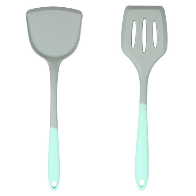 Sistema antiadherente del cookware del silicón de dos colores de 2 espátulas de la cocina, cuchara, colador, espátula para freír