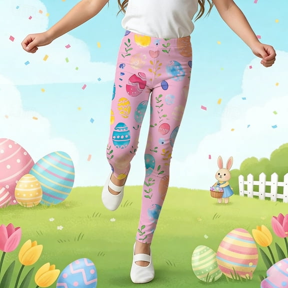 Zylarhe Girls' Yoga Leggings Pants Easter Print Girls Stretchy Athletic Casual Leggings For Toddler Kids Playwear Comfortable Soft Base Layer Pants 3-4 Years Pink