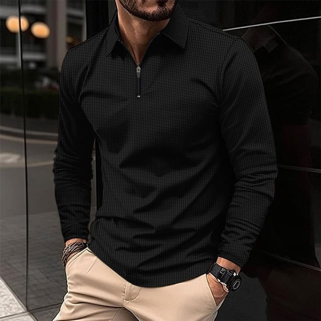 Blusa y camisa de manga larga con cuello vuelto para hombre, informal, de color liso, de manga larga, con cremallera y solapa a rayas, blusa de manga larga con cuello vuelto, blusa de poliéster para h