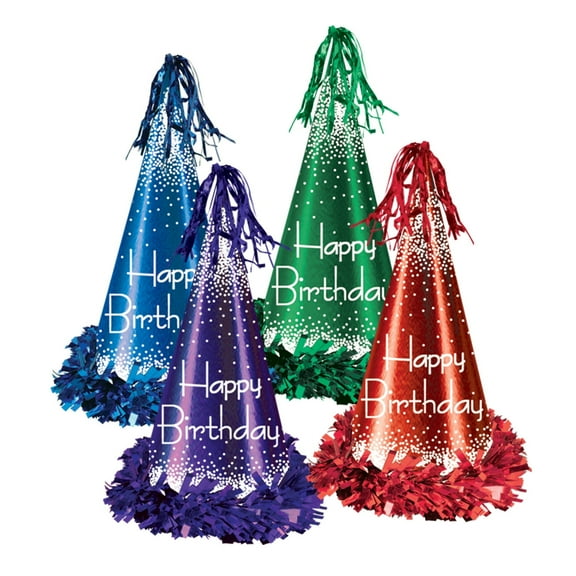 Beistle - Fringed Foil Happy Birthday Party Hats - 12½" - Pack of 12