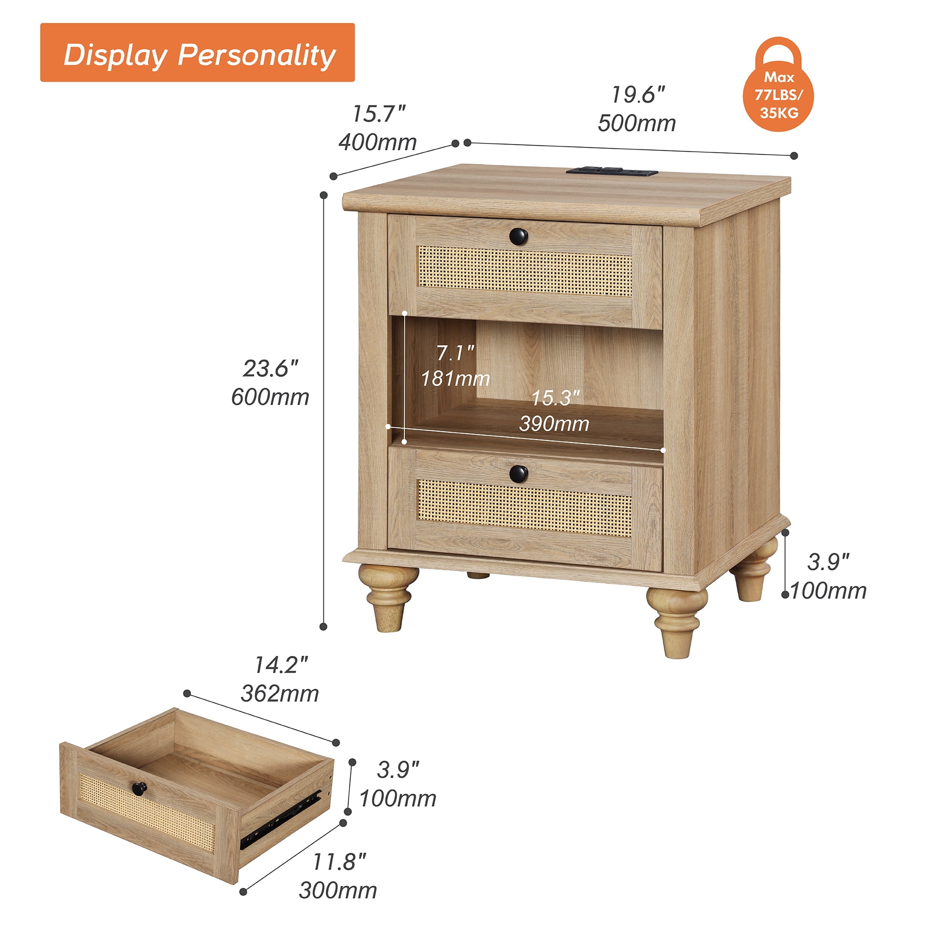 Rattan Night Stand with Charging Station, 20 Inch Vintage End Table with 2 Drawers for Bedroom, Living Room, Antique Oak